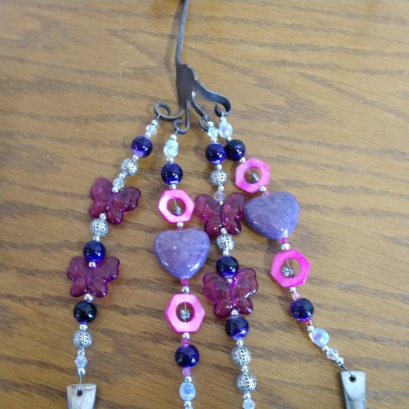 Pink/Purple Beaded Butterfly Upcycled Recycled Silverware Windchime - Picture 3 of 10